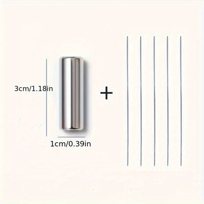 Metallic cylindrical object with measurements on a white background