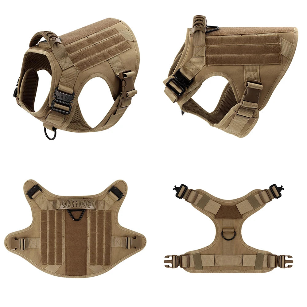 Tan tactical dog harness shown from multiple angles on a white background