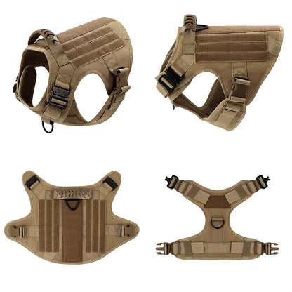Tan tactical dog harness shown from multiple angles on a white background