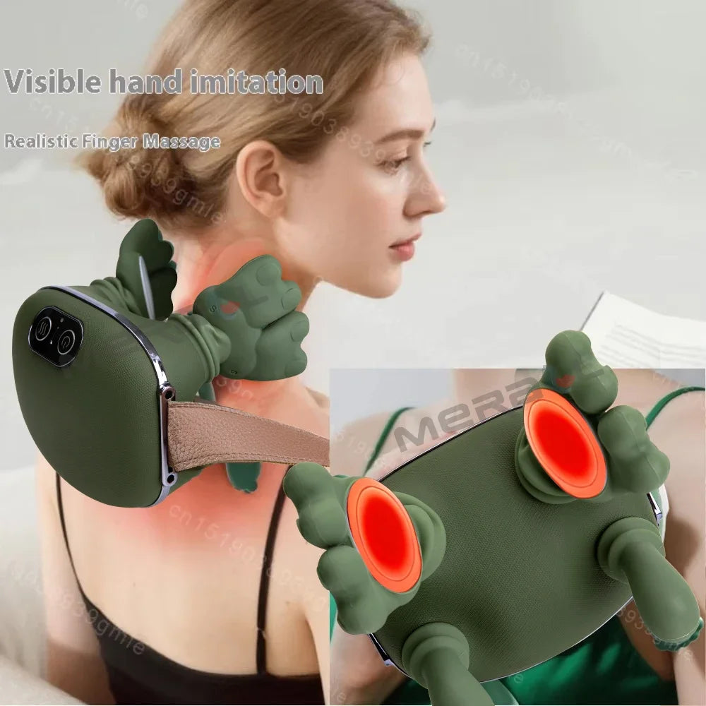 Massage device on a person's back with visible hand imitation feature.