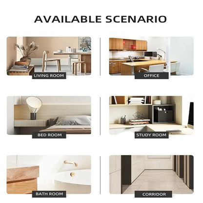 Collage of different room scenarios including living room, office, bedroom, study room, bathroom, and corridor.
