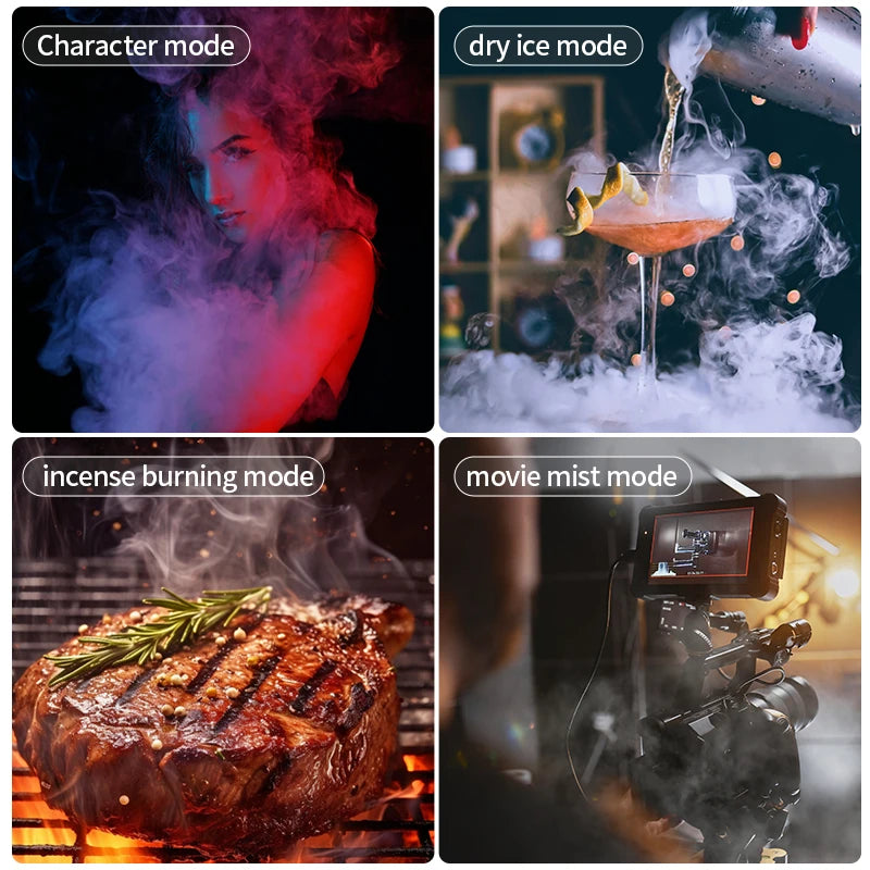 Collage of four images labeled 'Character mode', 'Dry ice mode', 'Incense burning mode', and 'Movie mist mode' with corresponding effects.