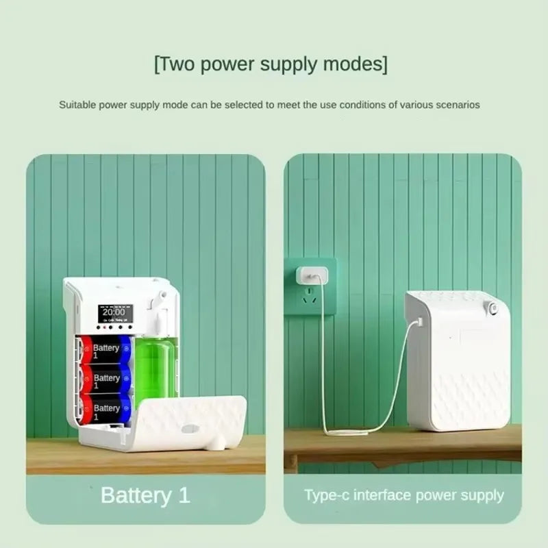 Two power supply modes shown with a device and wall socket on a green background.