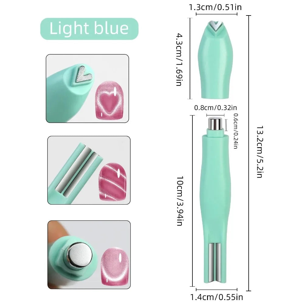 Light blue nail art tool with dimensions and usage examples on a white background