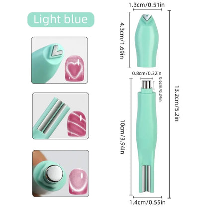 Light blue nail art tool with dimensions and usage examples on a white background