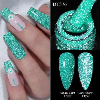 Green glittery nail design on a hand with close-up of product and light effect comparison.
