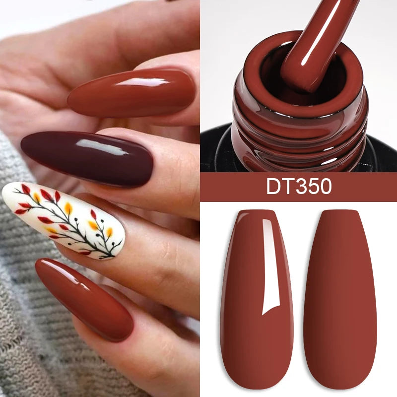 Nail polish with a bottle, applied nails, and swatches on a white background