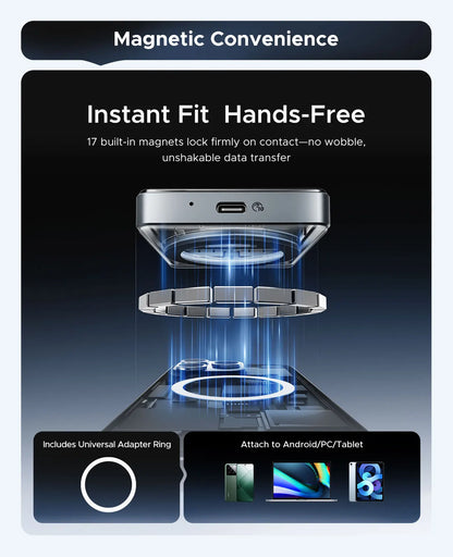 Magnetic phone holder with text highlighting its features on a dark background