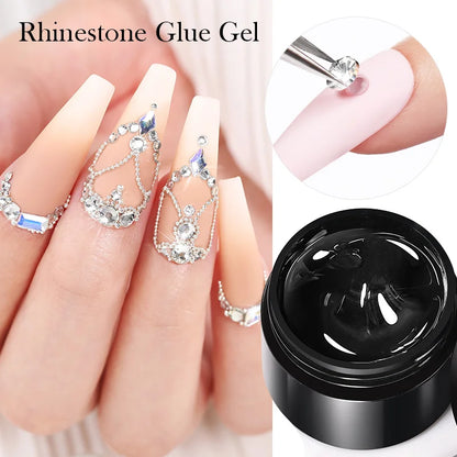 Rhinestone glue gel with application on nails and jewelry.