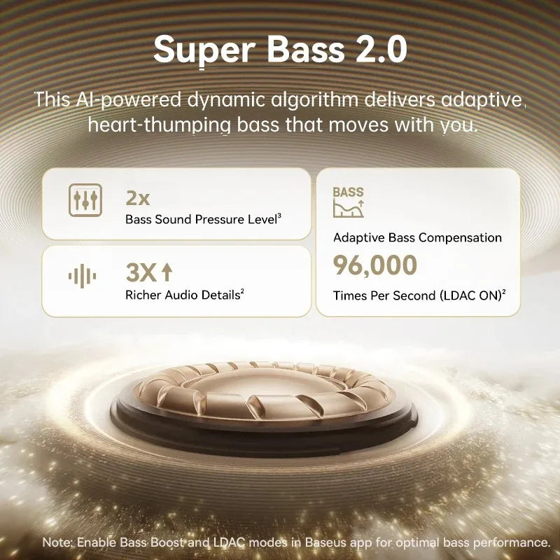 Advertisement for Super Bass 2.0 technology with audio components and text on a dark background.