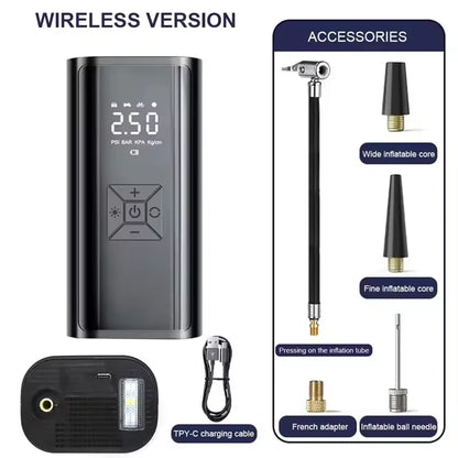 Wireless air pump with accessories on a white background