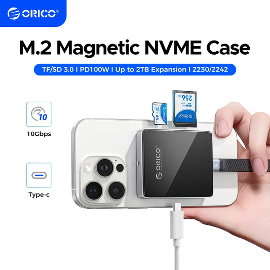 Orico M.2 Magnetic NVME case with hand holding it, showing TF/SD 3.0, PD100W, and Type-C connectivity on a white background.