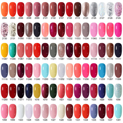 Nail polish color swatch chart with various shades.