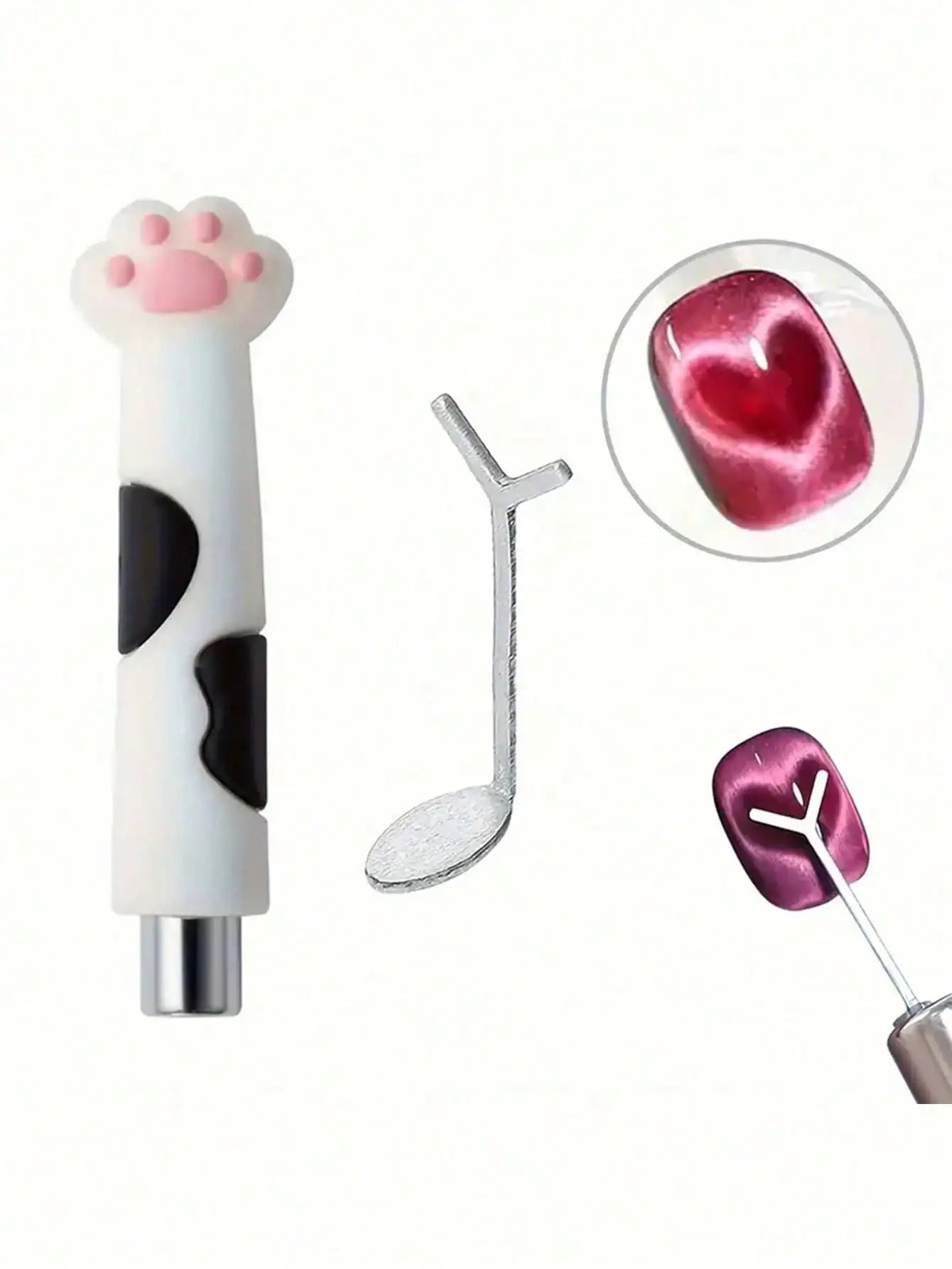 Cat-shaped tool with paw design and a close-up of a pink gel-like substance.