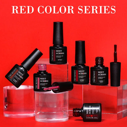 Collection of 'MEET ACROSS' nail gel polishes on a red background with text 'RED COLOR SERIES'.
