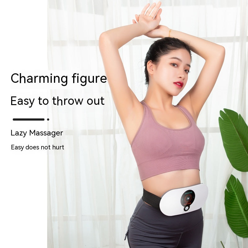 Woman wearing a waist massager with text about its benefits on a white background