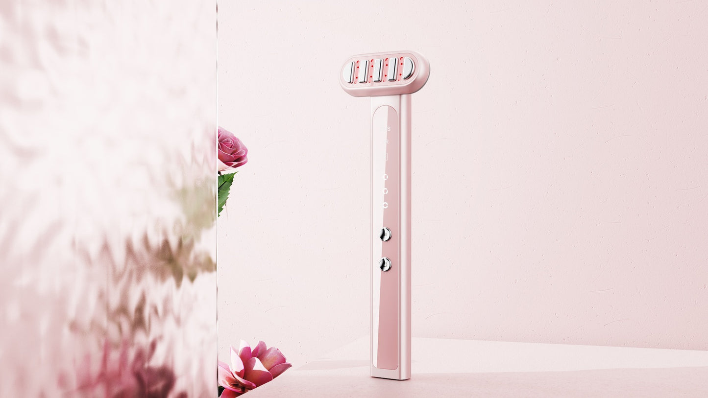 Pink electric toothbrush on a light pink background with floral elements
