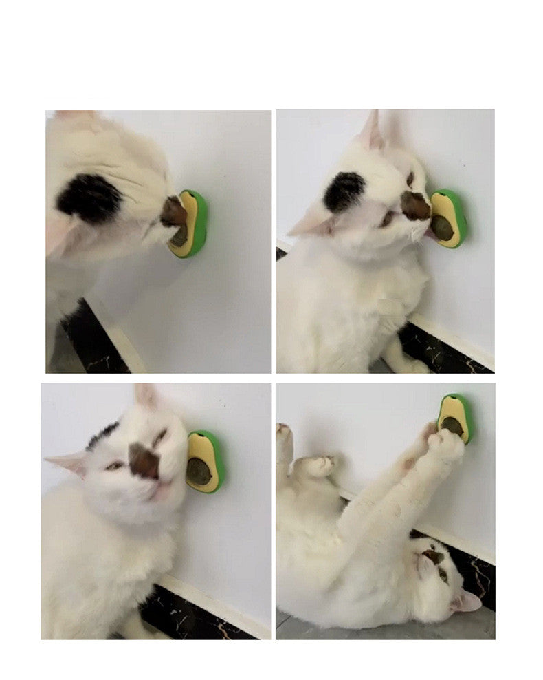 Collage of a white cat interacting with an avocado-shaped toy on a white background