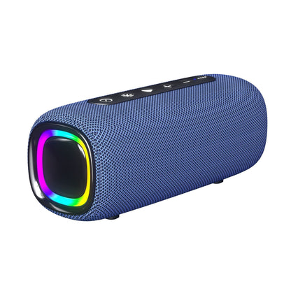 Blue portable speaker with RGB lighting on a white background