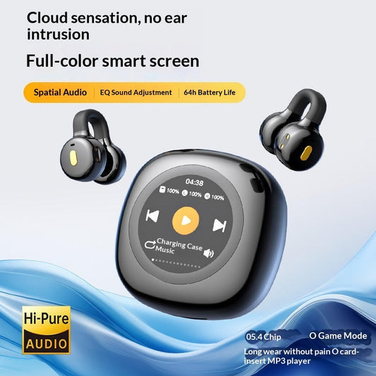 AI Translator Noise Canceling Earbuds - Wireless earbuds with charging case and full-color smart screen on a white background