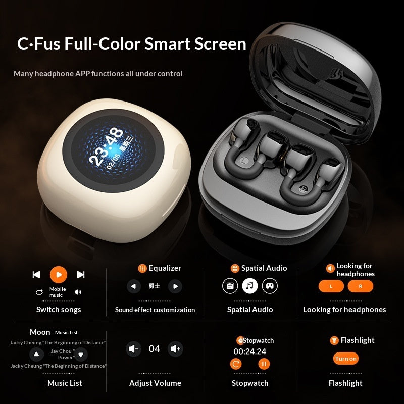 AI Translator Noise Canceling Earbuds - C-Fus Full-Color Smart Screen headphones with charging case on a dark background