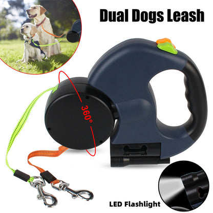 Retractable dog leash with LED flashlight and 360-degree feature, suitable for two dogs.