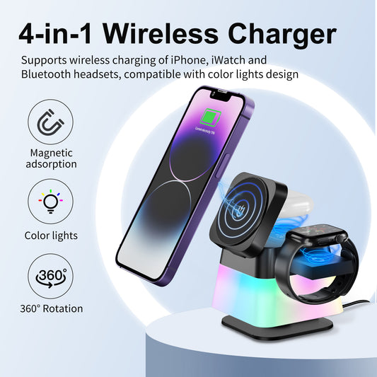 4-in-1 Rotatable Wireless Charging Stand with RGB Lights – Fast Magnetic Charger & Phone Holder for iPhone