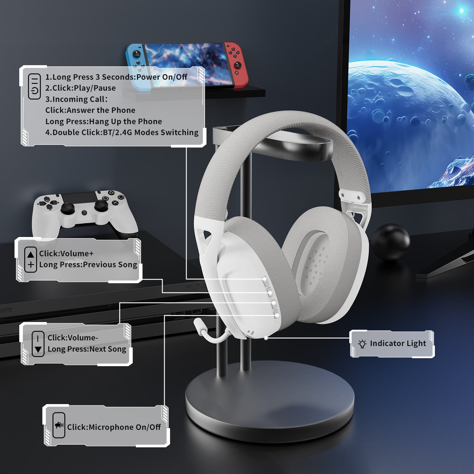 Triple-Mode Wireless Gaming Headset Microphone - White gaming headset on a stand with controller and phone in the background, on a dark surface.