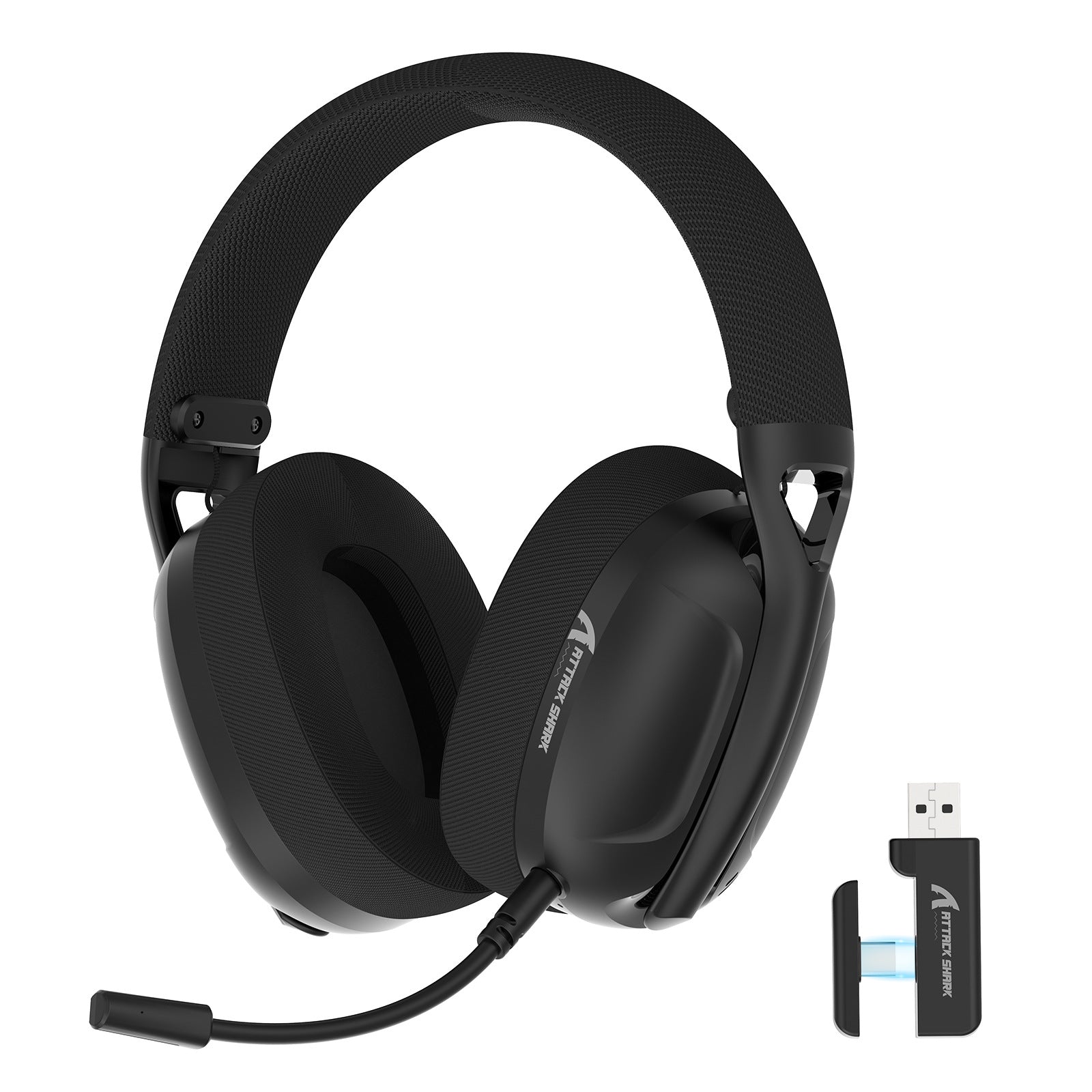 Triple-Mode Wireless Gaming Headset Microphone - Black gaming headset with USB receiver on a white background