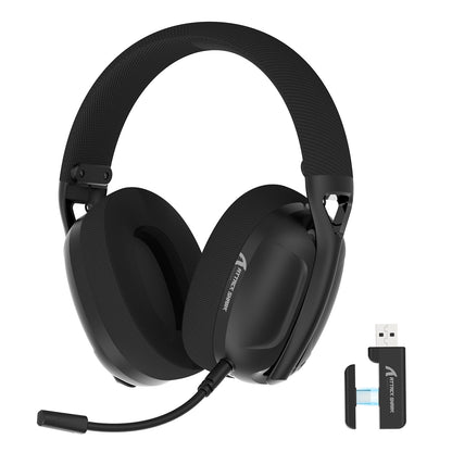 Triple-Mode Wireless Gaming Headset Microphone - Black gaming headset with USB receiver on a white background