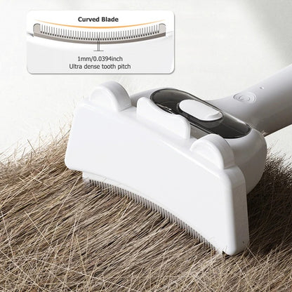 Pet grooming brush with curved blade on a white background