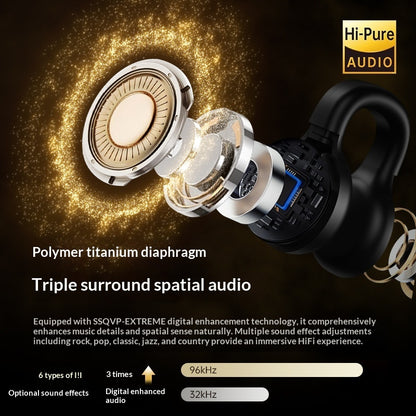 AI Translator Noise Canceling Earbuds - Hi-Pure Audio earbud with detailed specifications on a dark background