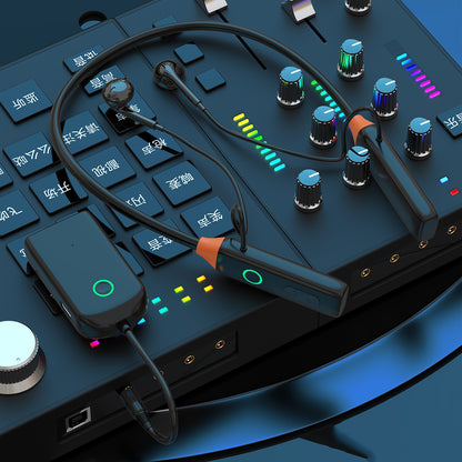 Wireless Neck-Mounted Monitor Studio Earphones - Electronic device with audio cables and colorful LED lights on a dark surface