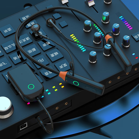 Wireless Neck-Mounted Monitor Studio Earphones - Electronic device with audio cables and colorful LED lights on a dark surface