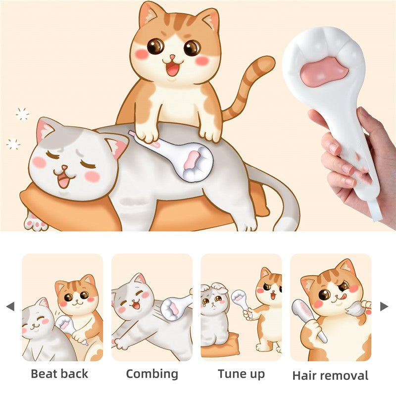 Illustrations of cartoon cats and a grooming tool with text indicating grooming actions.