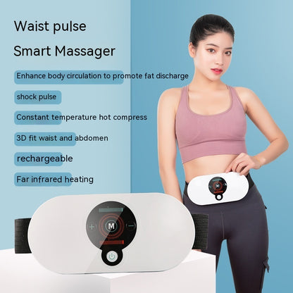 Woman using a waist pulse smart massager with product features listed on a blue background