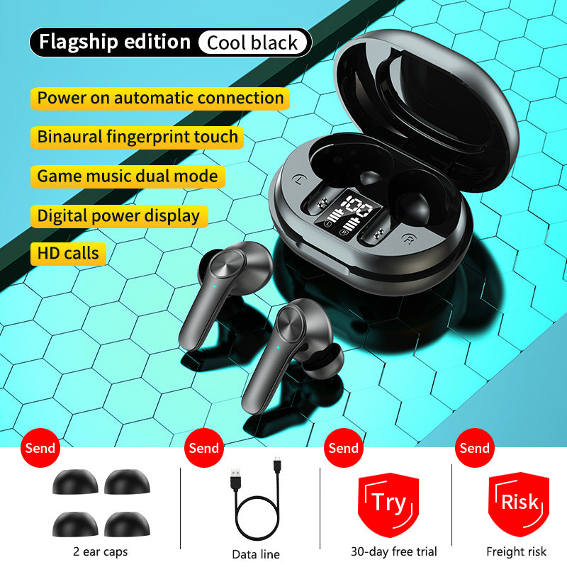 Low Latency Wireless Bluetooth Headset - True wireless earbuds with charging case on a blue geometric background, featuring text on product features.