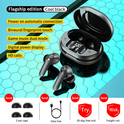 Low Latency Wireless Bluetooth Headset - True wireless earbuds with charging case on a blue geometric background, featuring text on product features.