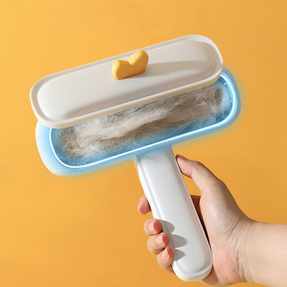 Hand holding a pet hair removal tool against a yellow background