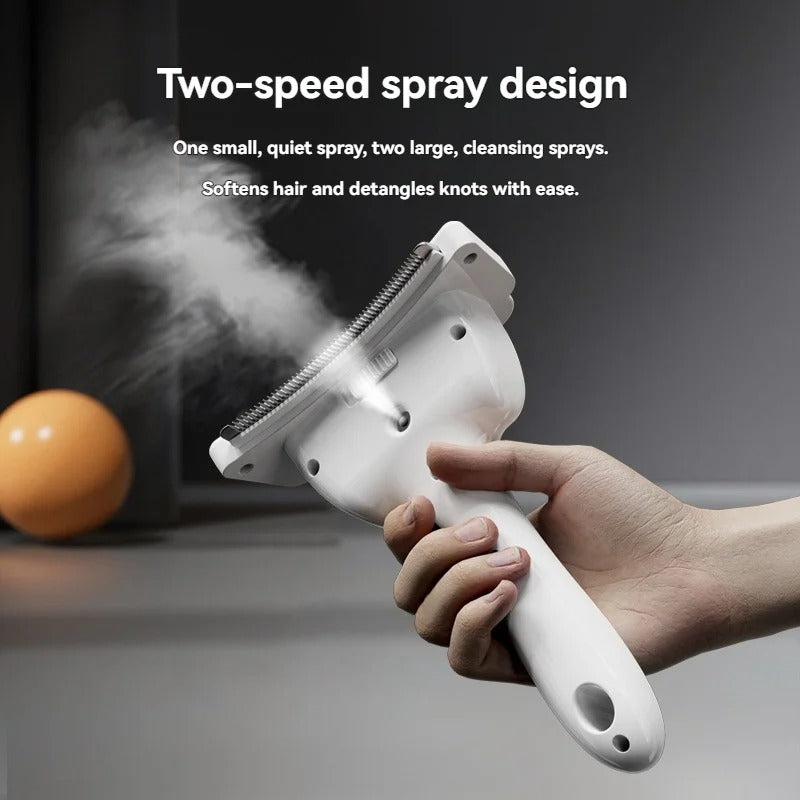 Hair detangling brush with two-speed spray design held by a hand, with text describing its features.