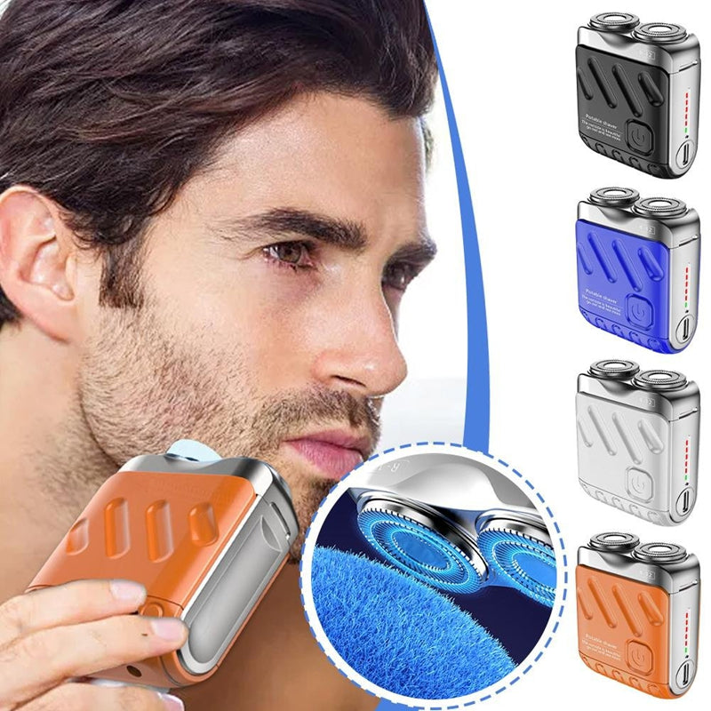 Man using an electric shaver with close-up details and additional shaver designs on a white background.
