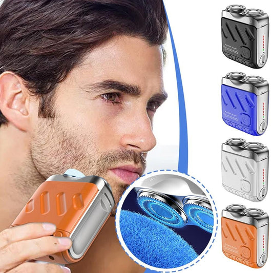 Man using an electric shaver with close-up details and additional shaver designs on a white background.