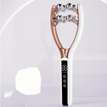 Beauty device with rose gold and white design on a light gray background
