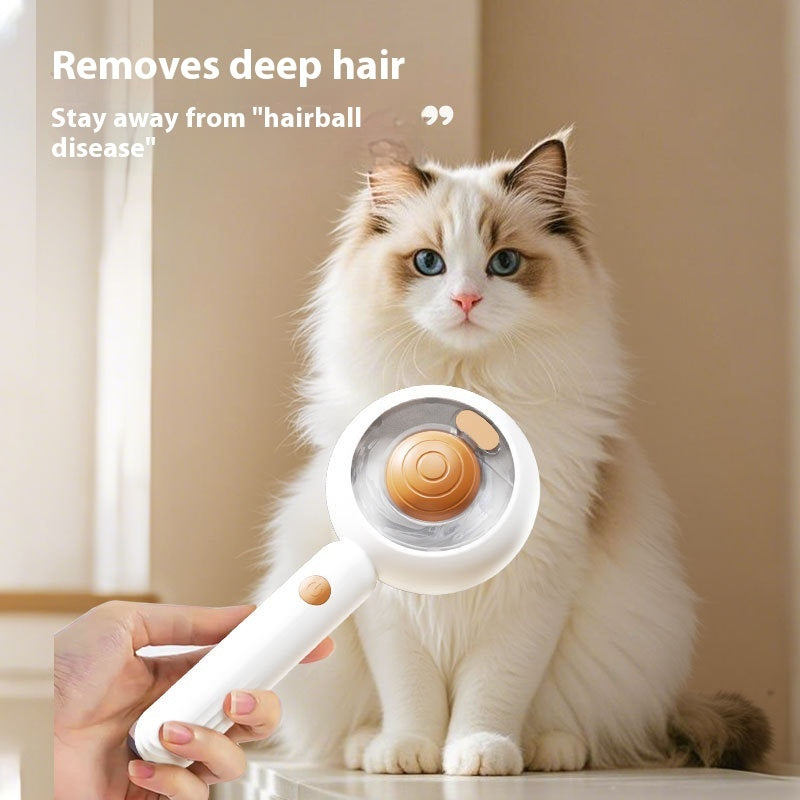 Cat with a grooming tool and text about removing deep hair and preventing hairball disease.