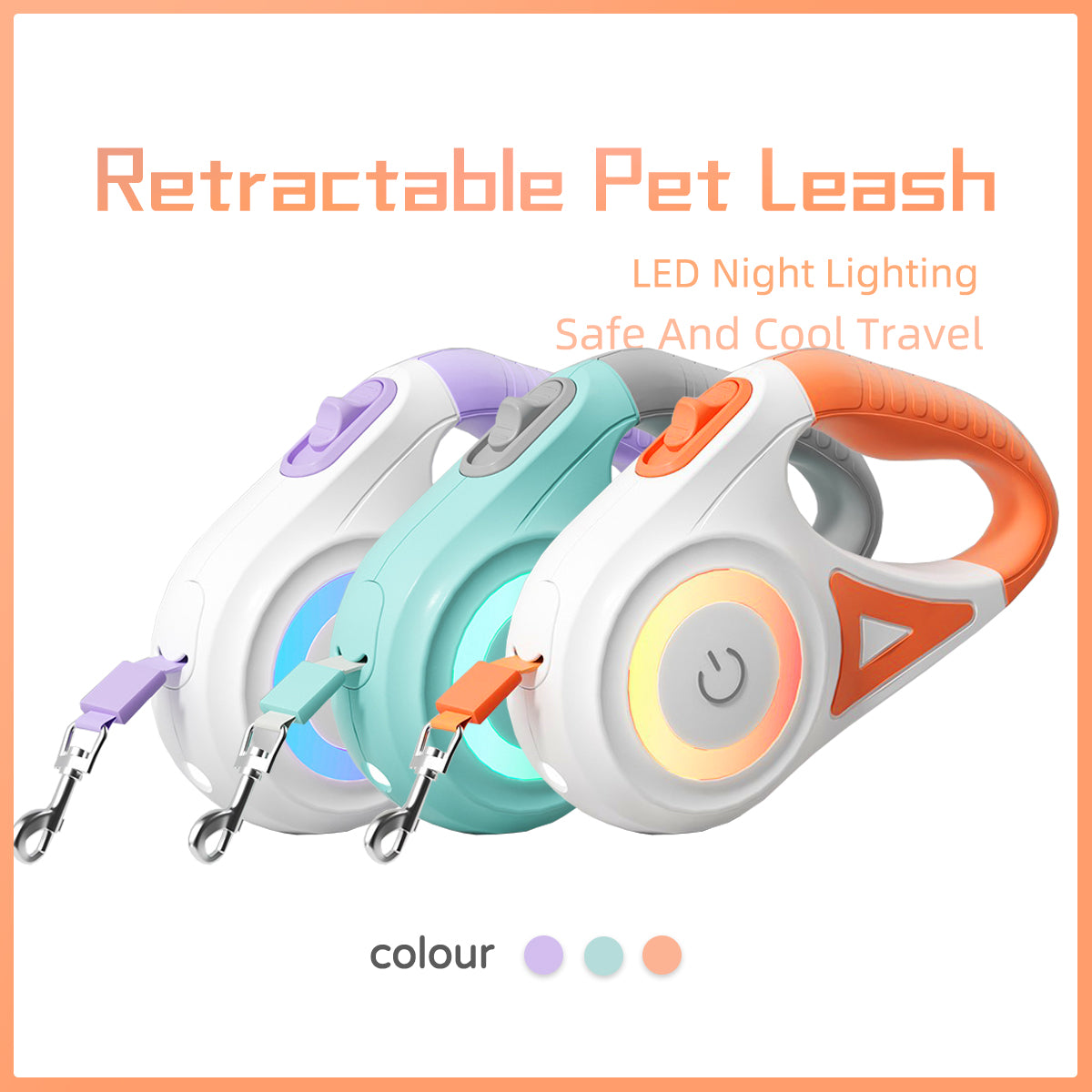 Retractable pet leashes with LED night lighting in multiple colors on a white background.