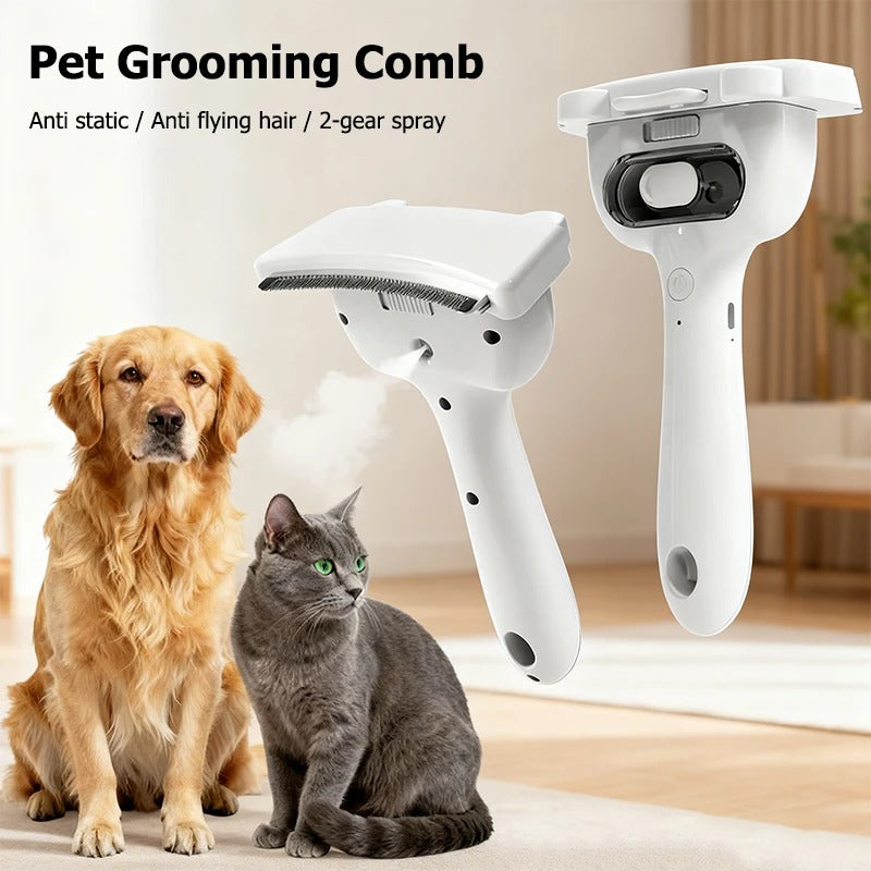 Pet grooming comb with a dog and cat on a neutral background
