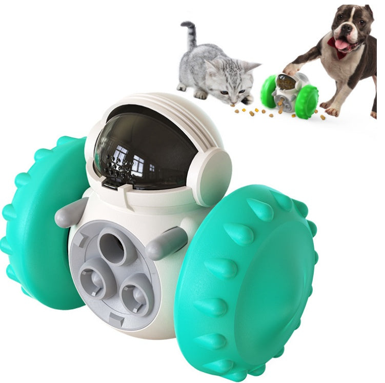 Pet toy with wheels and a camera, surrounded by images of a cat and dog.