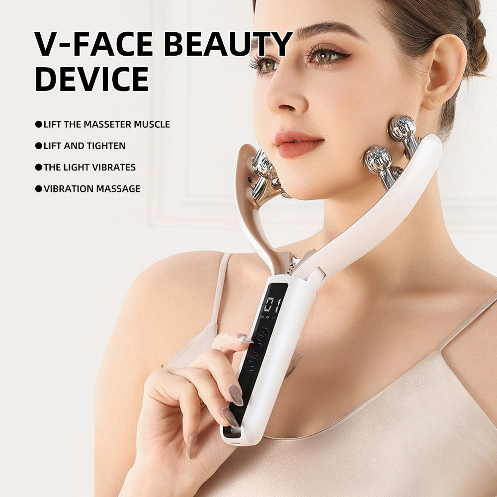 Woman using a V-Face beauty device with text highlighting its features on a light background