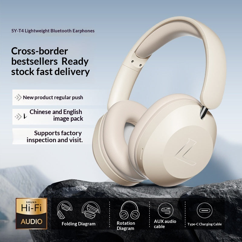 Wireless Gaming Bluetooth Over-Ear Headphones - Beige Bluetooth earphones on a rock with promotional text and product features.