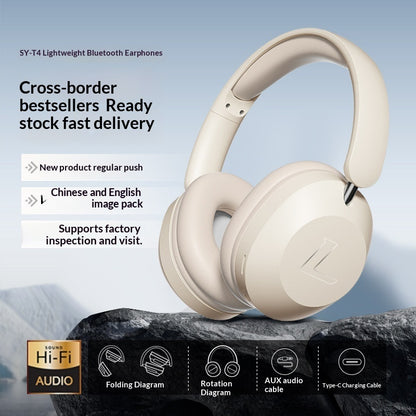 Wireless Gaming Bluetooth Over-Ear Headphones - Beige Bluetooth earphones on a rock with promotional text and product features.